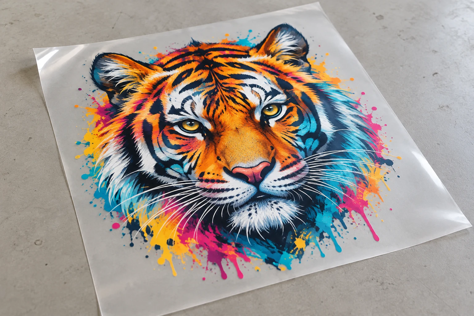 A colorful design printed on a DTF transfer sheet
