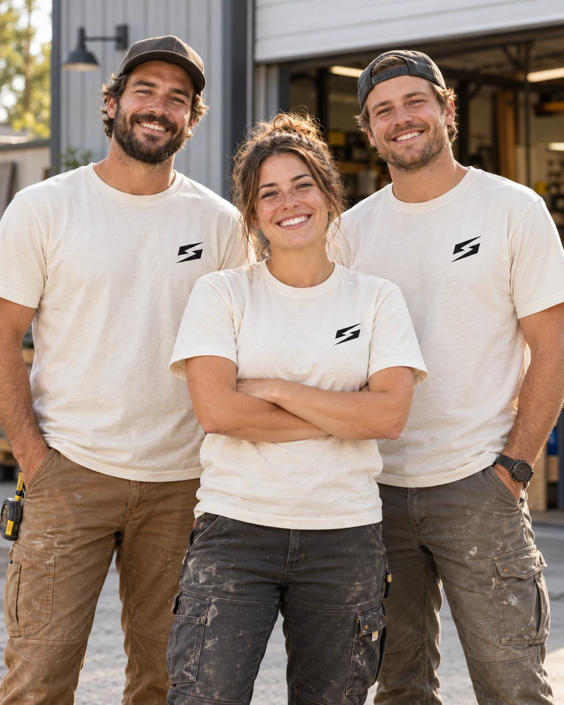 A smiling crew wearing matching Seek Customs shirts