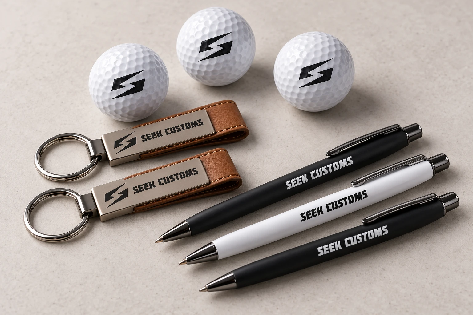 Branded golf balls, keychains, and pens