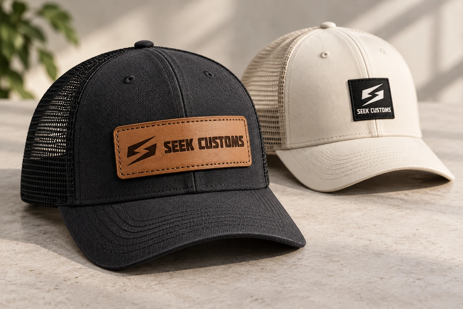 Trucker hats with Seek Customs logo patches